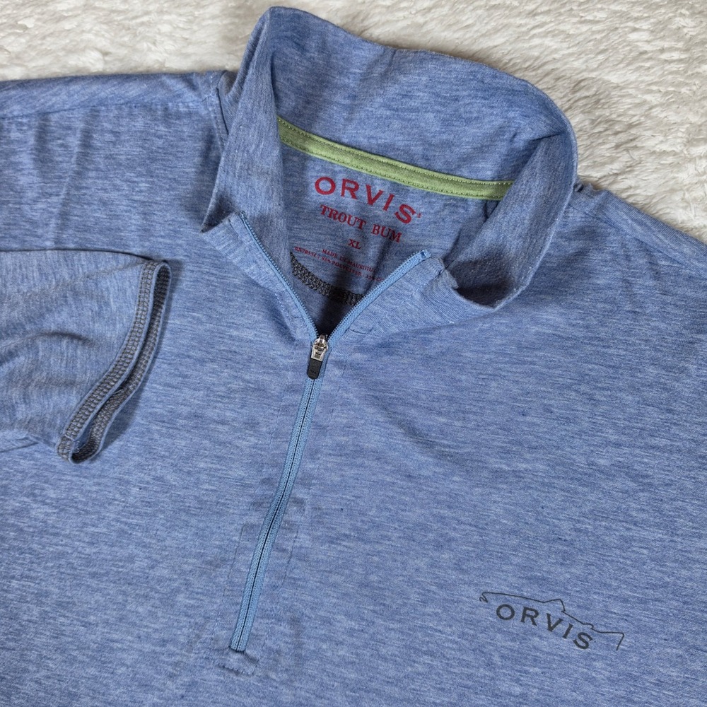 Orvis Trout Bum Mens XL Blue L/S 1/4 zip Pullover Lightweight Heathered RN70534